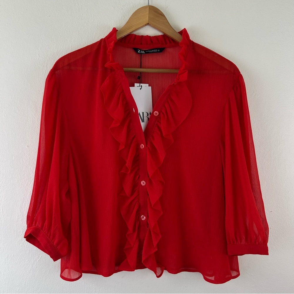 NWT Zara Red Semi Sheer Ruffled Chest Buttoned Blouse XS